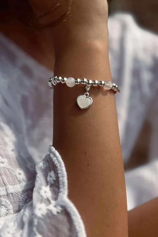  Free Spirit Stretch Stacker Bracelet Moon Stone Heart Charm Silver 